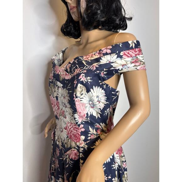 1990s Laura Ashley Floral Off-Shoulder Open Back Fit Flare Maxi navy Dress small - Picture 14 of 14